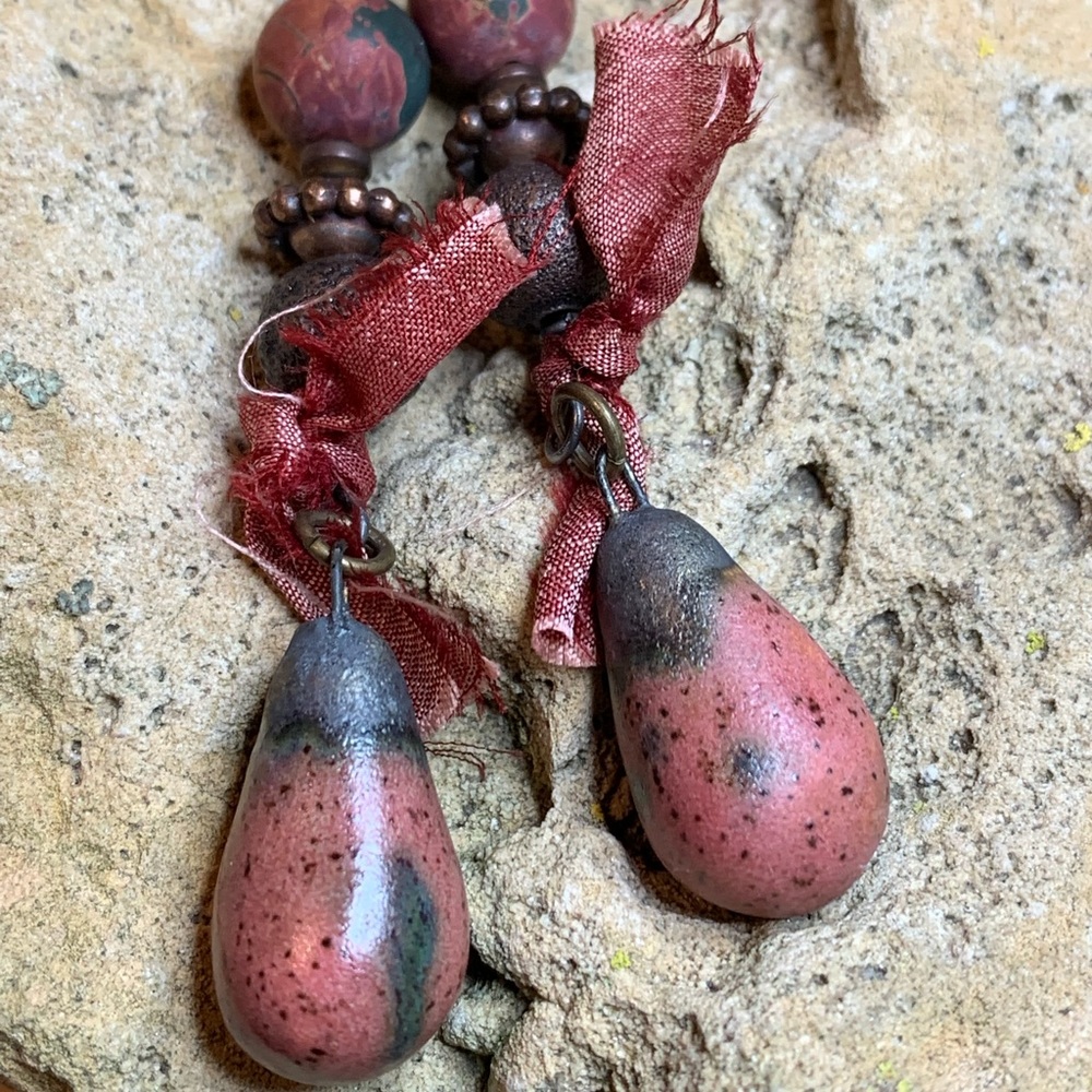 Copper and Green Ceramic Dangle Drop Earrings